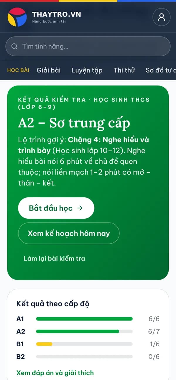 Tiếng Anh: Kết quả kiểm tra trình độ tiếng Anh: A2 – Sơ trung cấp, lộ trình gợi ý theo độ tuổi và điểm từng cấp A1–B2