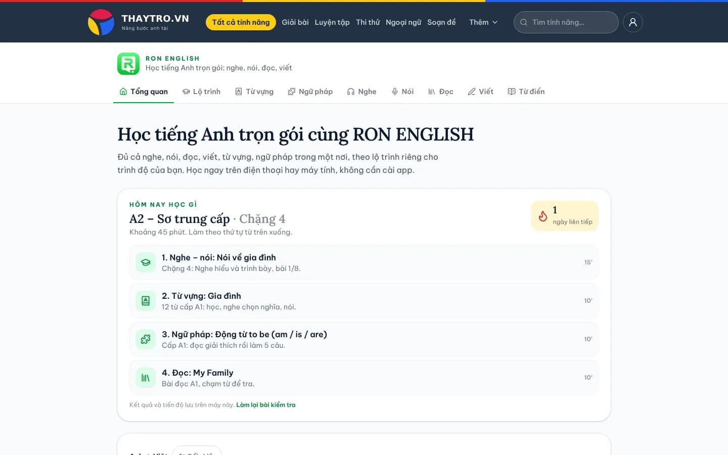 Tiếng Anh: Trang tổng quan RON ENGLISH trên máy tính: Hôm nay học gì theo kết quả kiểm tra (A2 – Sơ trung cấp), các việc trong ngày và chuỗi ngày học