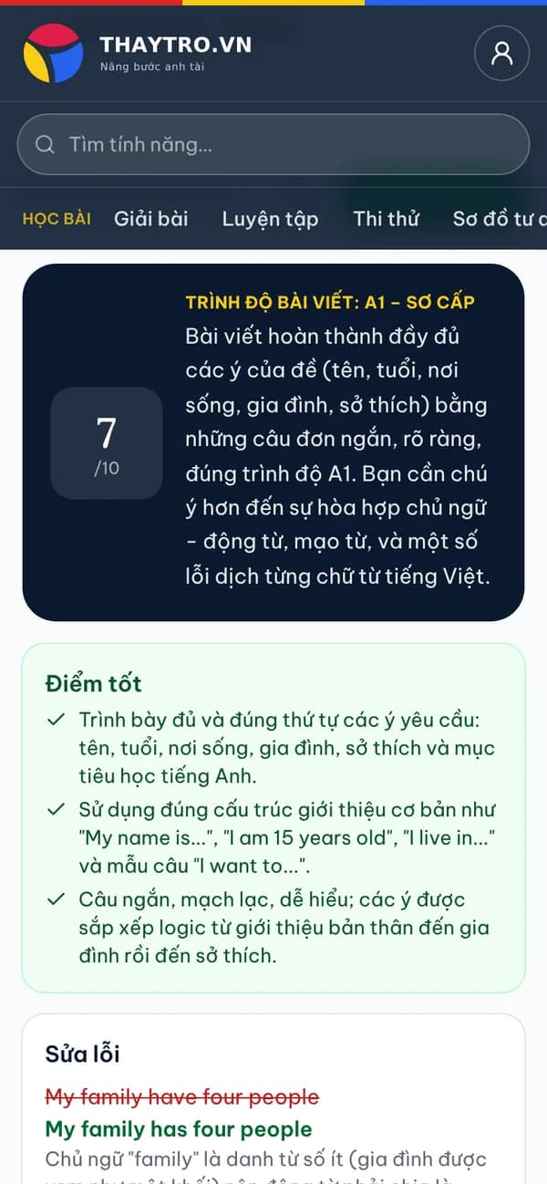 Tiếng Anh: AI chữa bài viết tiếng Anh “Giới thiệu bản thân” (A1): 7/10, điểm tốt, từng lỗi kèm giải thích tiếng Việt và bài viết lại