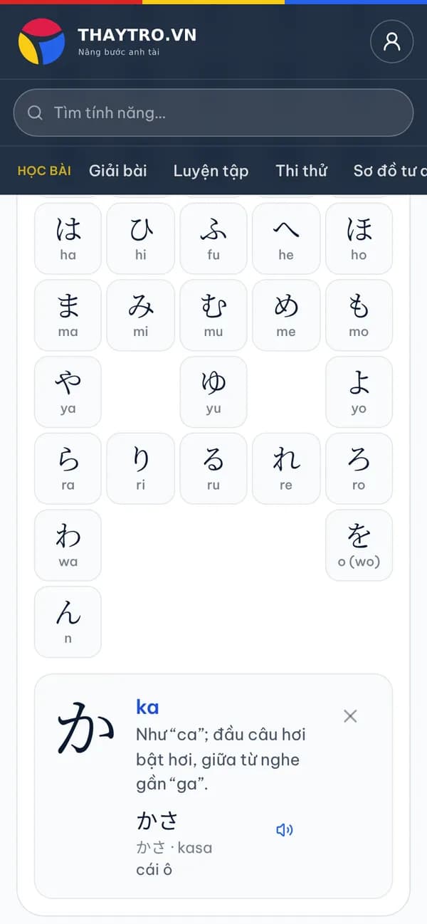 Tiếng Nhật: Bảng hiragana cơ bản (46 chữ): chạm ô “か” để nghe, xem cách đọc, mẹo phát âm và từ ví dụ