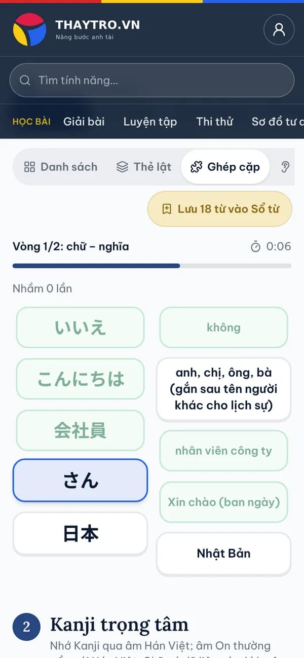 Tiếng Nhật: Trò ghép cặp chữ – nghĩa có bấm giờ: đã ghép đúng 3/5 cặp, đang chọn chữ tiếp theo