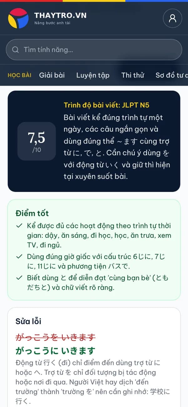 Tiếng Nhật: AI chữa bài viết “Một ngày của tôi”: 7,5/10, trình độ bài viết, điểm tốt, từng lỗi kèm giải thích tiếng Việt và bài viết lại
