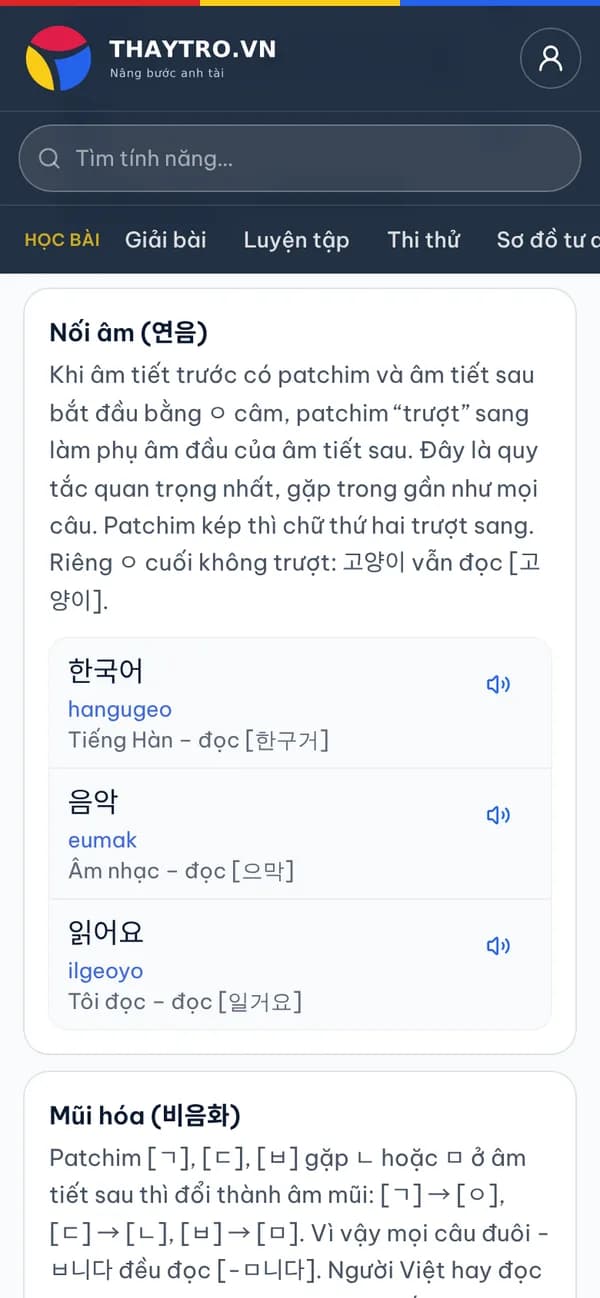 Tiếng Hàn: Quy tắc biến âm tiếng Hàn: nối âm (연음), mũi hóa (비음화)…, mỗi quy tắc có ví dụ Hangul, phiên âm, cách đọc thực tế và loa nghe