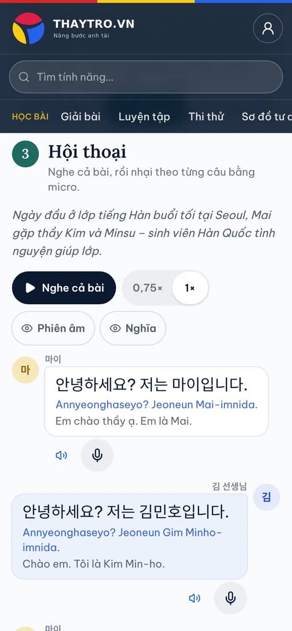 Tiếng Hàn: Hội thoại bài 1: bong bóng thoại có phiên âm và nghĩa, nút nghe cả bài, đổi tốc độ, micro nhại theo