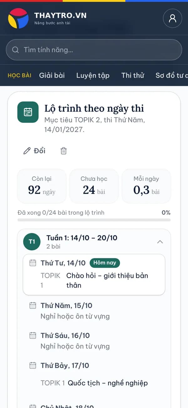 Tiếng Hàn: Lộ trình theo ngày thi: mục tiêu TOPIK 2, thi ngày 14/01/2027, số bài mỗi ngày và lịch học từng tuần