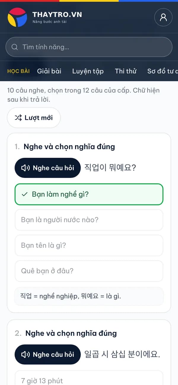 Tiếng Hàn: Luyện nghe và chọn: nghe câu không nhìn chữ, chọn đáp án, chữ và giải thích hiện sau khi trả lời