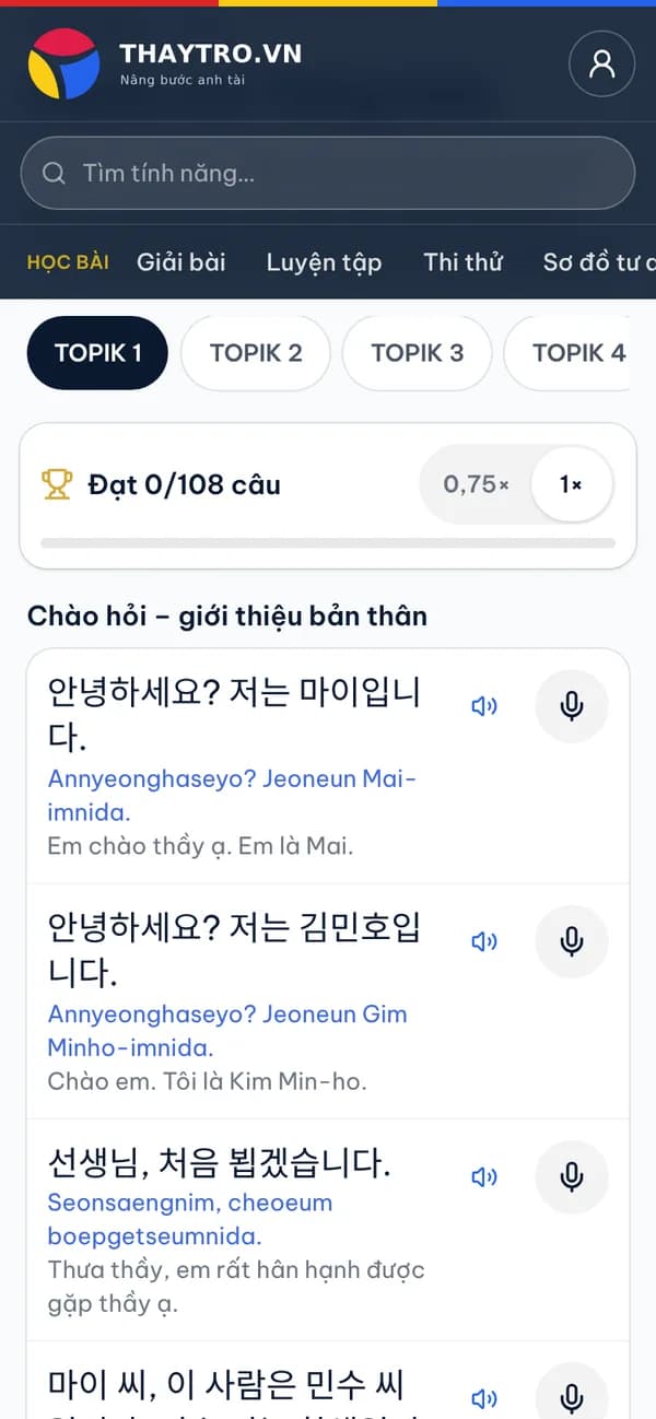 Tiếng Hàn: Luyện nói: nghe câu mẫu trong hội thoại, bấm micro nói lại, máy so từng chữ và báo đạt từ 80%