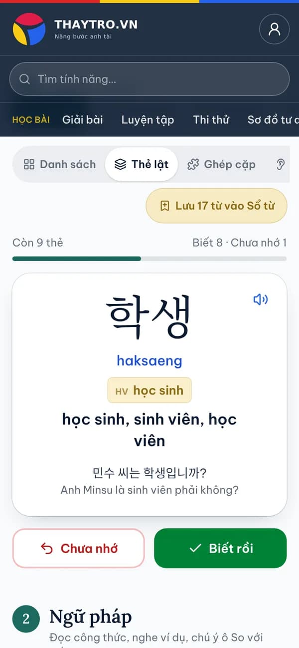 Tiếng Hàn: Thẻ lật từ vựng: chạm để lật xem cách đọc, Hán Việt, nghĩa và câu ví dụ; chấm Biết rồi / Chưa nhớ