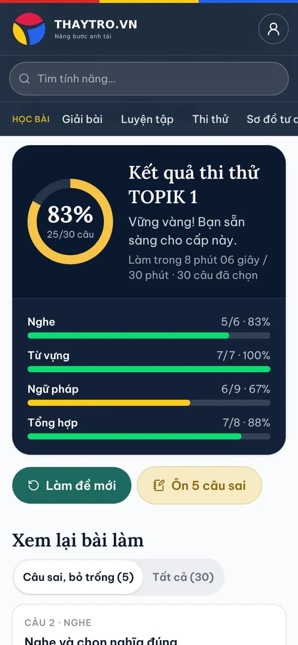 Tiếng Hàn: Thi thử TOPIK 1 30 câu bấm giờ: đúng 83%, điểm theo từng kỹ năng nghe, từ vựng, ngữ pháp, tổng hợp