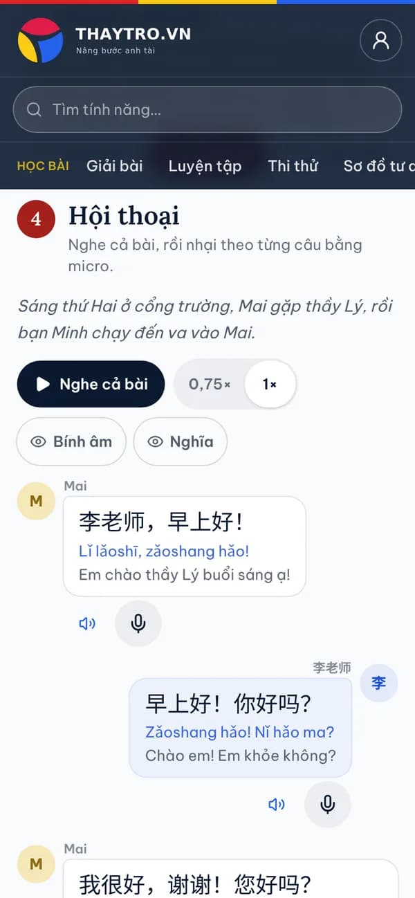 Tiếng Trung: Hội thoại bài 1: bong bóng thoại có bính âm và nghĩa, nút nghe cả bài, đổi tốc độ, micro nhại theo