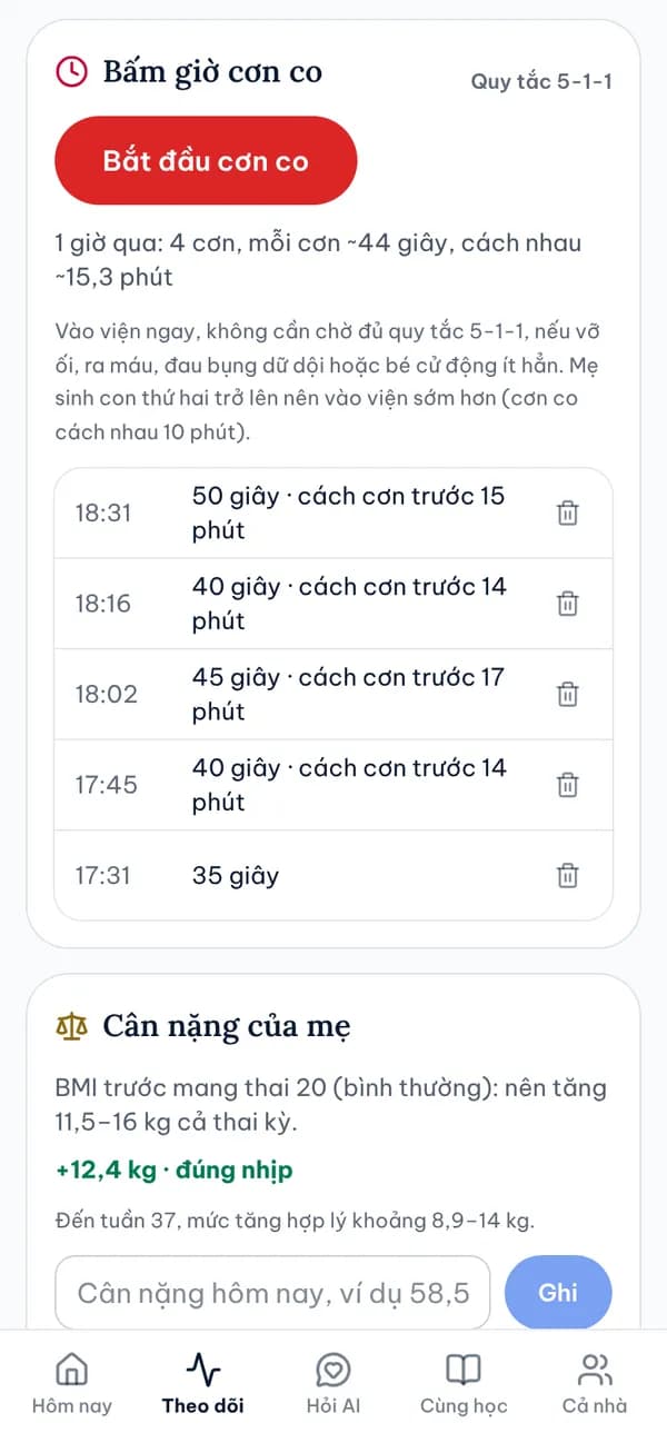 Màn hình Bấm giờ cơn co trong Sổ Mẹ & Bé
