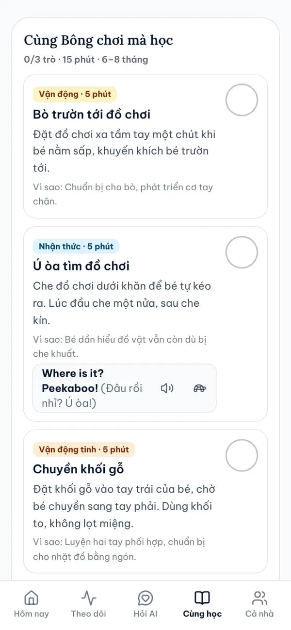 Màn hình Cùng bé chơi mà học trong Sổ Mẹ & Bé