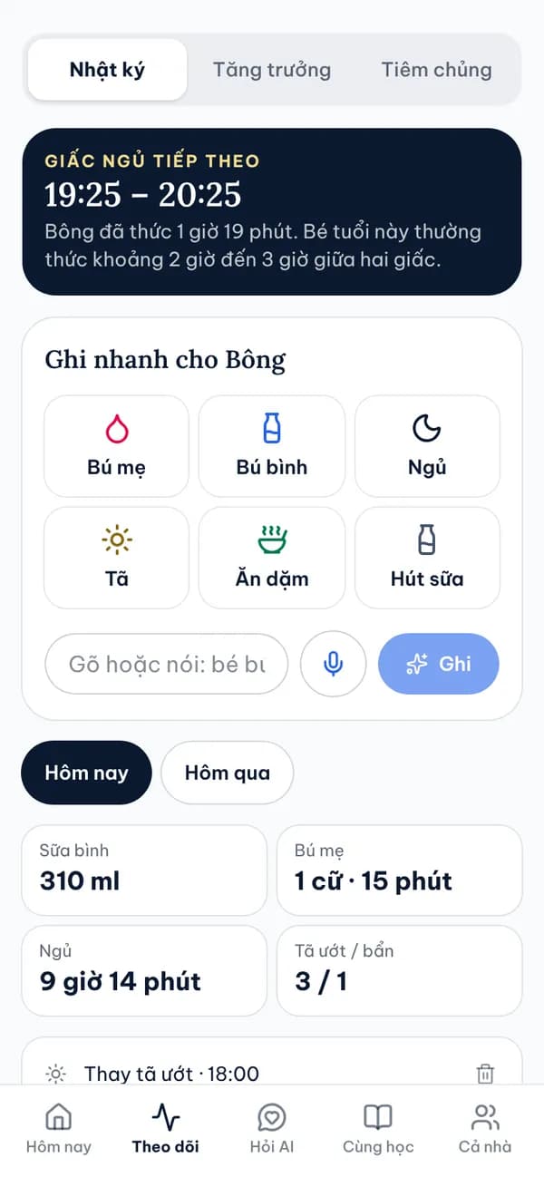 Màn hình Nhật ký một chạm trong Sổ Mẹ & Bé