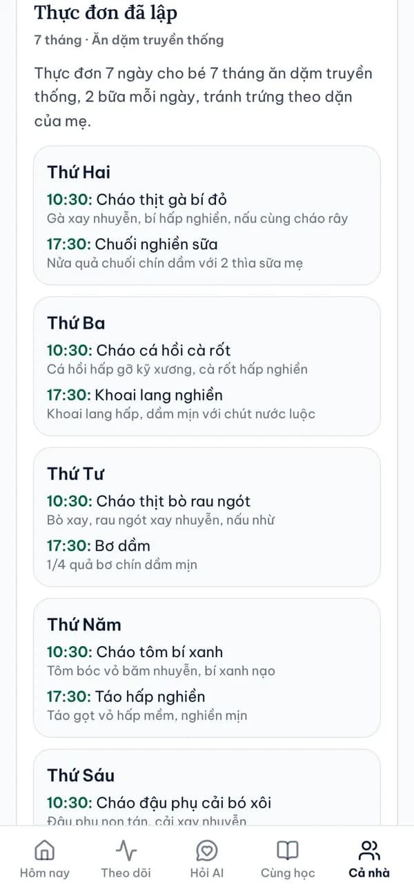 Màn hình Thực đơn ăn dặm 7 ngày trong Sổ Mẹ & Bé