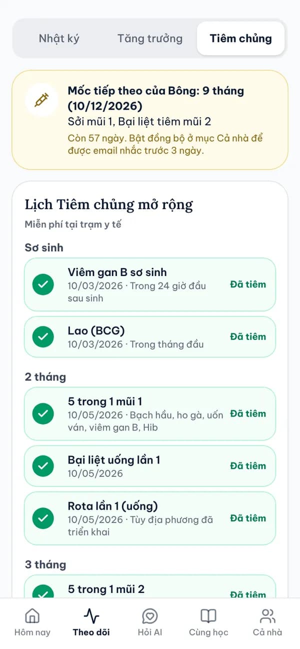 Màn hình Lịch Tiêm chủng mở rộng trong Sổ Mẹ & Bé