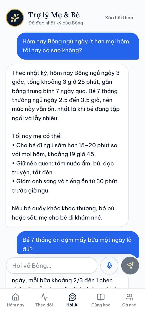 Trợ lý AI của Sổ Mẹ & Bé trả lời dựa trên nhật ký của bé