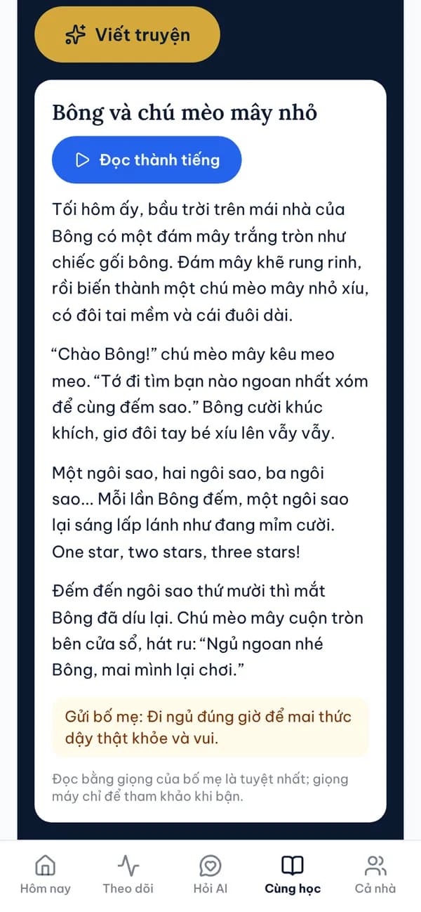 Màn hình Truyện có tên bé, đọc thành tiếng trong Sổ Mẹ & Bé